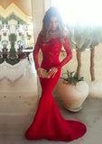 Sheath/Column Full/Long Sleeve Off-The-Shoulder Sweep Train Elastic Satin Prom Dress With Lace - dennisdresses