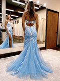 Sheath/Column Lace Applique Spaghetti Straps Sleeveless Sweep/Brush Train Dresses - dennisdresses