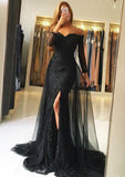 Sheath/Column Off-the-Shoulder Full/Long Sleeve Sweep Train Lace Prom Dress With Appliqued Split