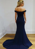 Sheath/Column Off-the-Shoulder Sleeveless Court Train Jersey Prom Dress With Flowers - dennisdresses