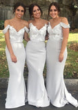 Sheath/Column Off-the-Shoulder Sleeveless Sweep Train Elastic Satin Bridesmaid Dresses With Appliqued - dennisdresses