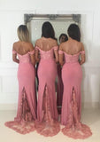 Sheath/Column Off-the-Shoulder Sleeveless Sweep Train Jersey Bridesmaid Dresses With Lace Beading - dennisdresses