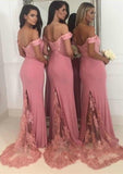 Sheath/Column Off-the-Shoulder Sleeveless Sweep Train Jersey Bridesmaid Dresses With Lace Beading - dennisdresses