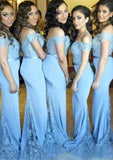 Sheath/Column Off-The-Shoulder Sweep Train Bridesmaid Dresses With Lace Appliqued - dennisdresses