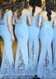 Sheath/Column Off-The-Shoulder Sweep Train Bridesmaid Dresses With Lace Appliqued - dennisdresses