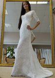 Sheath/Column Scalloped Neck Half Sleeve Sweep Train Lace Wedding Dress - dennisdresses