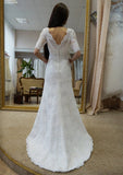 Sheath/Column Scalloped Neck Half Sleeve Sweep Train Lace Wedding Dress - dennisdresses