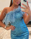 Sheath/Column Sequins Feathers/Fur One-Shoulder Sleeveless Short/Mini Dresses - dennisdresses