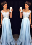 Sheath/Column Sleeveless Bateau Sweep Train Chiffon Prom Dress With Appliqued Waistband