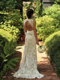 Sheath/Column Sleeveless Lace V-neck Court Train Wedding Dresses - dennisdresses