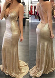 Sheath/Column Sleeveless Sweetheart Sweep Train Sequined Prom Dress