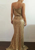 Sheath/Column Sleeveless V-Neck Sweep Train Sequined Prom Dress With Split Front - dennisdresses