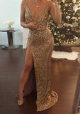 Sheath/Column Sleeveless V-Neck Sweep Train Sequined Prom Dress With Split Front - dennisdresses