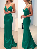 Sheath/Column Spaghetti Straps V-neck Sweep/Brush Train Elastic Woven Satin Dresses - dennisdresses