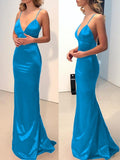 Sheath/Column Spaghetti Straps V-neck Sweep/Brush Train Elastic Woven Satin Dresses - dennisdresses