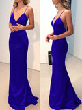 Sheath/Column Spaghetti Straps V-neck Sweep/Brush Train Elastic Woven Satin Dresses - dennisdresses