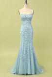 Sheath/Column Square Neckline Sleeveless Court Train Lace Prom Dress With Appliqued - dennisdresses