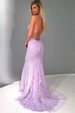 Sheath/Column Square Neckline Sleeveless Court Train Lace Prom Dress With Appliqued - dennisdresses