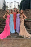 Sheath/Column Square Neckline Sleeveless Court Train Lace Prom Dress With Appliqued - dennisdresses