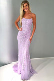 Sheath/Column Square Neckline Sleeveless Court Train Lace Prom Dress With Appliqued - dennisdresses