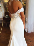 Sheath/Column Stretch Crepe Applique Off-the-Shoulder Sleeveless Sweep/Brush Train Wedding Dresses - dennisdresses