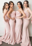 Sheath/Column Sweetheart Sleeveless Sweep Train Elastic Satin Bridesmaid Dresses With Appliqued - dennisdresses