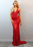 Sheath/Column V-Neck Criss-Cross Back Sequins Chapel Train Dresses - dennisdresses