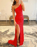 Sheath/Column Velvet Sequins One-Shoulder Sleeveless Sweep/Brush Train Dresses - dennisdresses