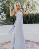 Spaghetti Straps Light Blue Chiffon Long Bridesmaid Dress