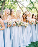 Spaghetti Straps Light Blue Chiffon Long Bridesmaid Dress