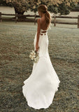 Trumpet/Mermaid Cowl Neck Spaghetti Straps Sweep Train Satin Wedding Dress With Pleated Split - dennisdresses