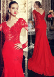 Trumpet/Mermaid Full/Long Sleeve V-Neck Sweep Train Chiffon Evening Dress With Appliqued Beaded - dennisdresses