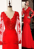 Trumpet/Mermaid Full/Long Sleeve V-Neck Sweep Train Chiffon Evening Dress With Appliqued Beaded