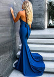 Trumpet/Mermaid Halter Sleeveless Court Train Jersey Prom Dress With Pleated - dennisdresses