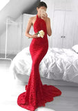 Trumpet/Mermaid Halter Sleeveless Sweep Train Lace Evening Dress - dennisdresses