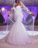 Trumpet/Mermaid Long Sleeves Sweetheart Sweep/Brush Train Applique Tulle Wedding Dresses