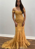 Trumpet/Mermaid Off-the-Shoulder Court Train Tulle Prom Dress With Lace Appliqued - dennisdresses