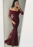 Trumpet/Mermaid Off-the-Shoulder Full/Long Sleeve Long/Floor-Length Elastic Satin Evening Dress With Lace - dennisdresses