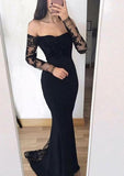 Trumpet/Mermaid Off-the-Shoulder Full/Long Sleeve Long/Floor-Length Elastic Satin Evening Dress With Lace - dennisdresses