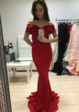 Trumpet/Mermaid Off-the-Shoulder Short Sleeve Sweep Train Charmeuse Prom Dress - dennisdresses