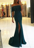 Trumpet/Mermaid Off-the-Shoulder Short Sleeve Sweep Train Elastic Satin Evening Dress With Split - dennisdresses