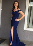 Trumpet/Mermaid Off-the-Shoulder Sleeveless Sweep Train Lace Prom Dress With Split - dennisdresses