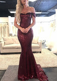 Trumpet/Mermaid Off-the-Shoulder Sleeveless Sweep Train Sequined Evening Dress - dennisdresses