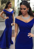 Trumpet/Mermaid Off-The-Shoulder Sweep Train Satin Prom Dresses - dennisdresses