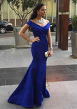 Trumpet/Mermaid Off-The-Shoulder Sweep Train Satin Prom Dresses - dennisdresses