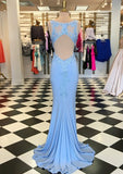 Trumpet/Mermaid Scalloped Neck Sleeveless Sweep Train Elastic Satin Prom Dress With Appliqued - dennisdresses