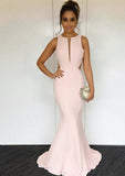 Trumpet/Mermaid Scoop Neck Sleeveless Sweep Train Elastic Satin Prom Dress - dennisdresses