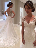 Trumpet/Mermaid Short Sleeves Sweetheart Court Train Lace Wedding Dresses - dennisdresses