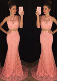 Trumpet/Mermaid Sleeveless Bateau Sweep Train Lace Prom Dress With Beaded - dennisdresses