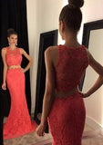 Trumpet/Mermaid Sleeveless Bateau Sweep Train Lace Prom Dress With Beaded - dennisdresses